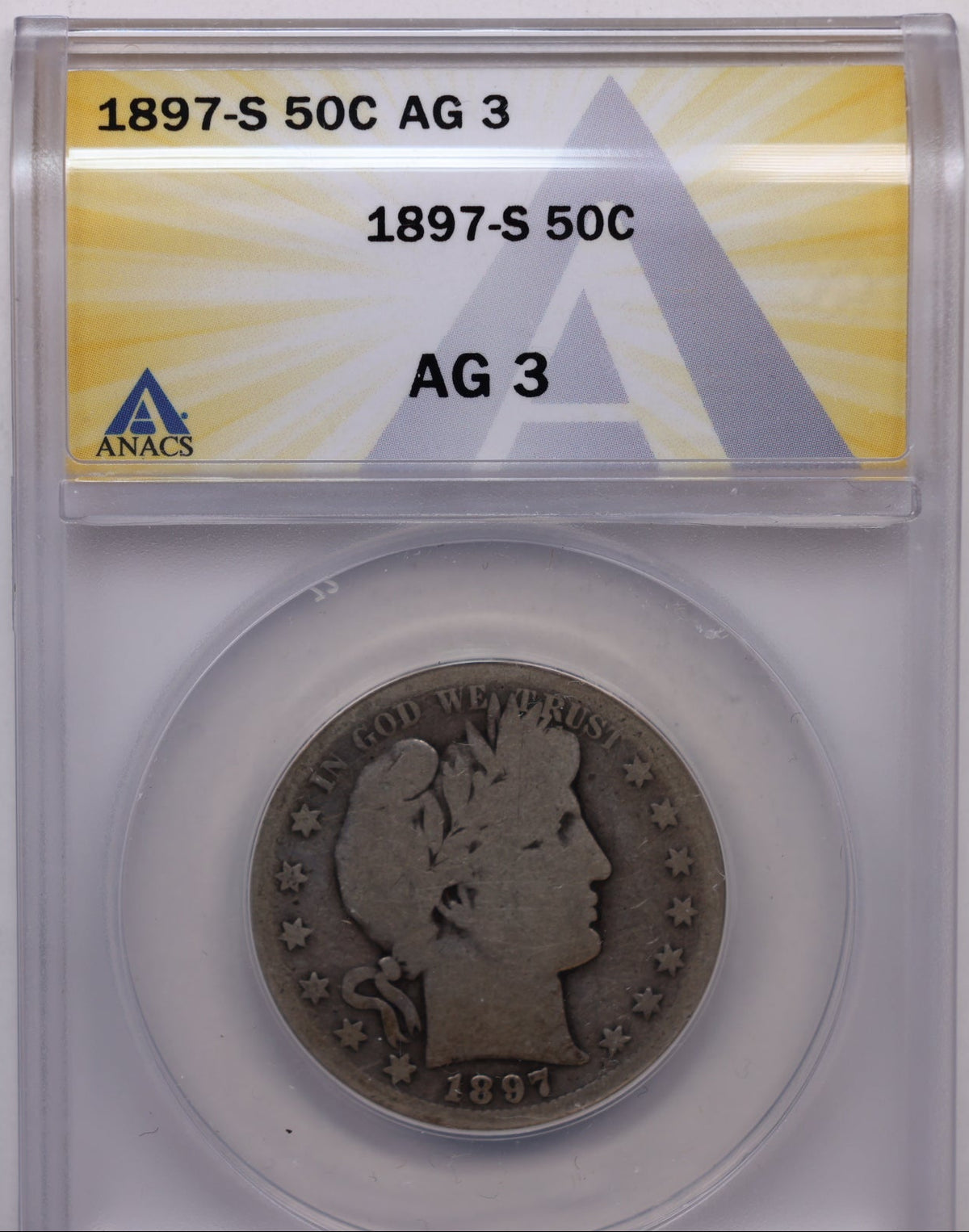 1892 Barber Silver Half Dollar, ANACS AG-3 Circulated Coin, Store #HR367.