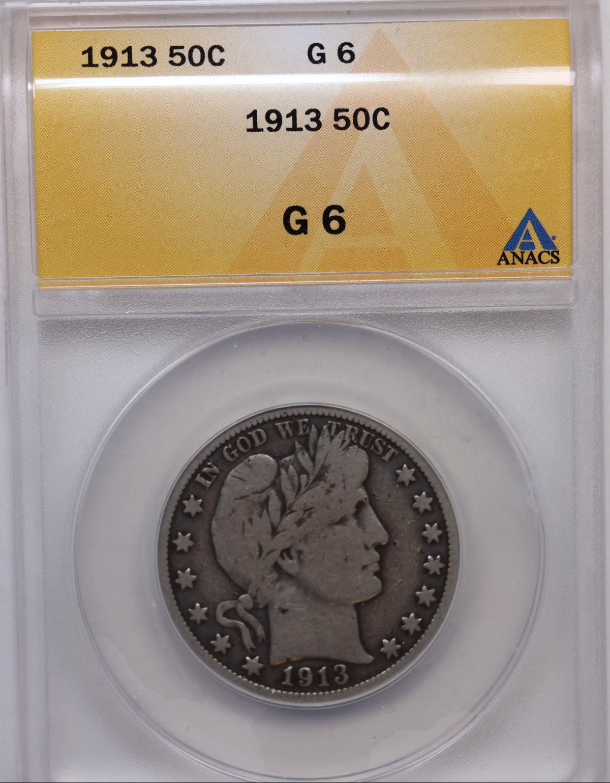 1913 Barber Silver Half Dollar, ANACS Good-6 Circulated Coin, Store #HR379.