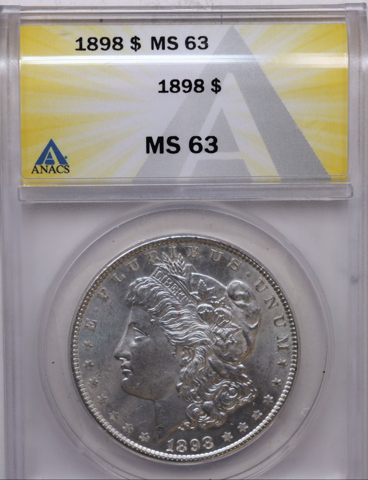 1898 Morgan Silver Dollar, ANACS Graded MS63, Uncirculated.  Store #DR070.