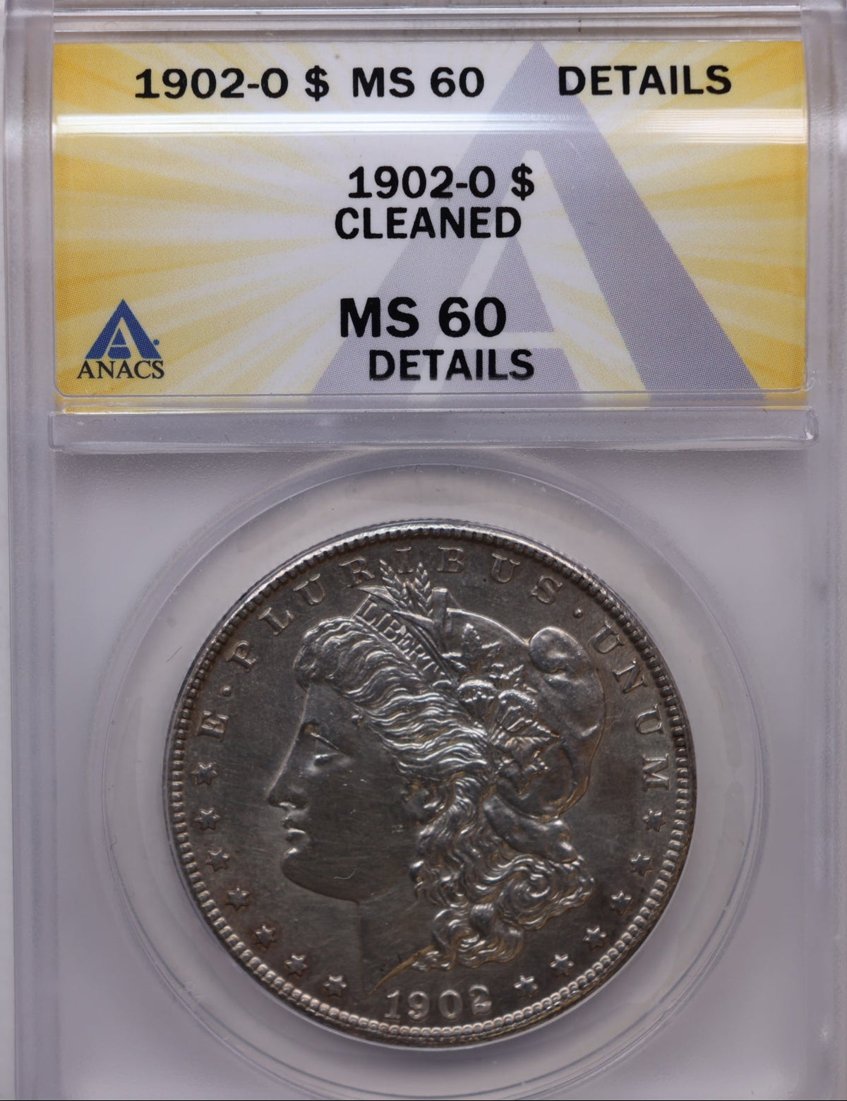1902-O Morgan Silver Dollar, ANACS Mint State-Cleaned.  Store #DR072.