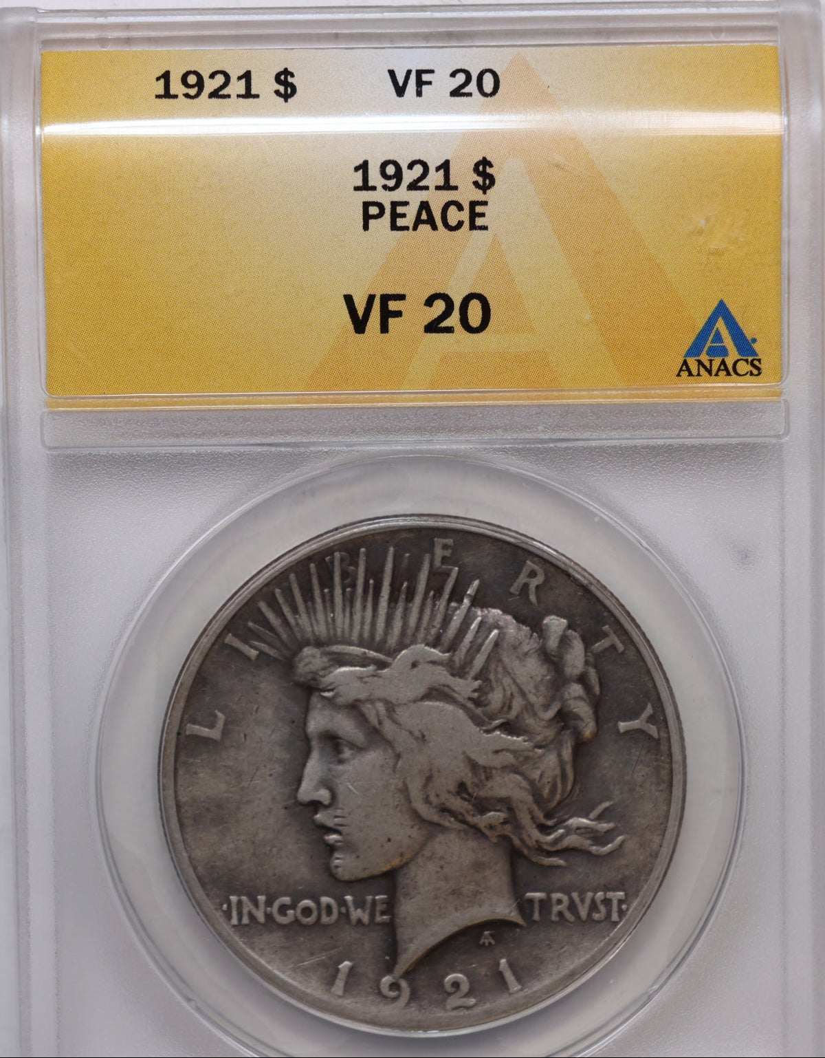 1921 Peace Silver Dollar, "Semi-Key Date", High Relief. ANACS VF-20, Store DR073.