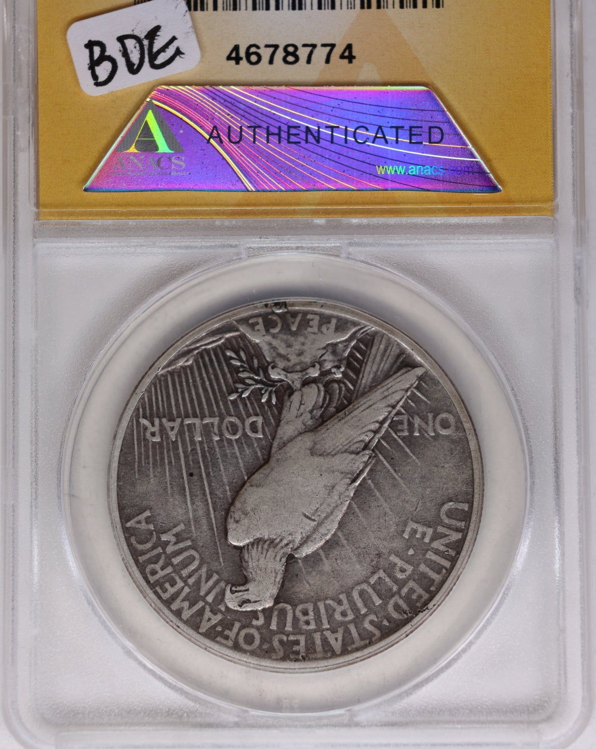 1921 Peace Silver Dollar, "Semi-Key Date", High Relief. ANACS VF-20, Store DR073.