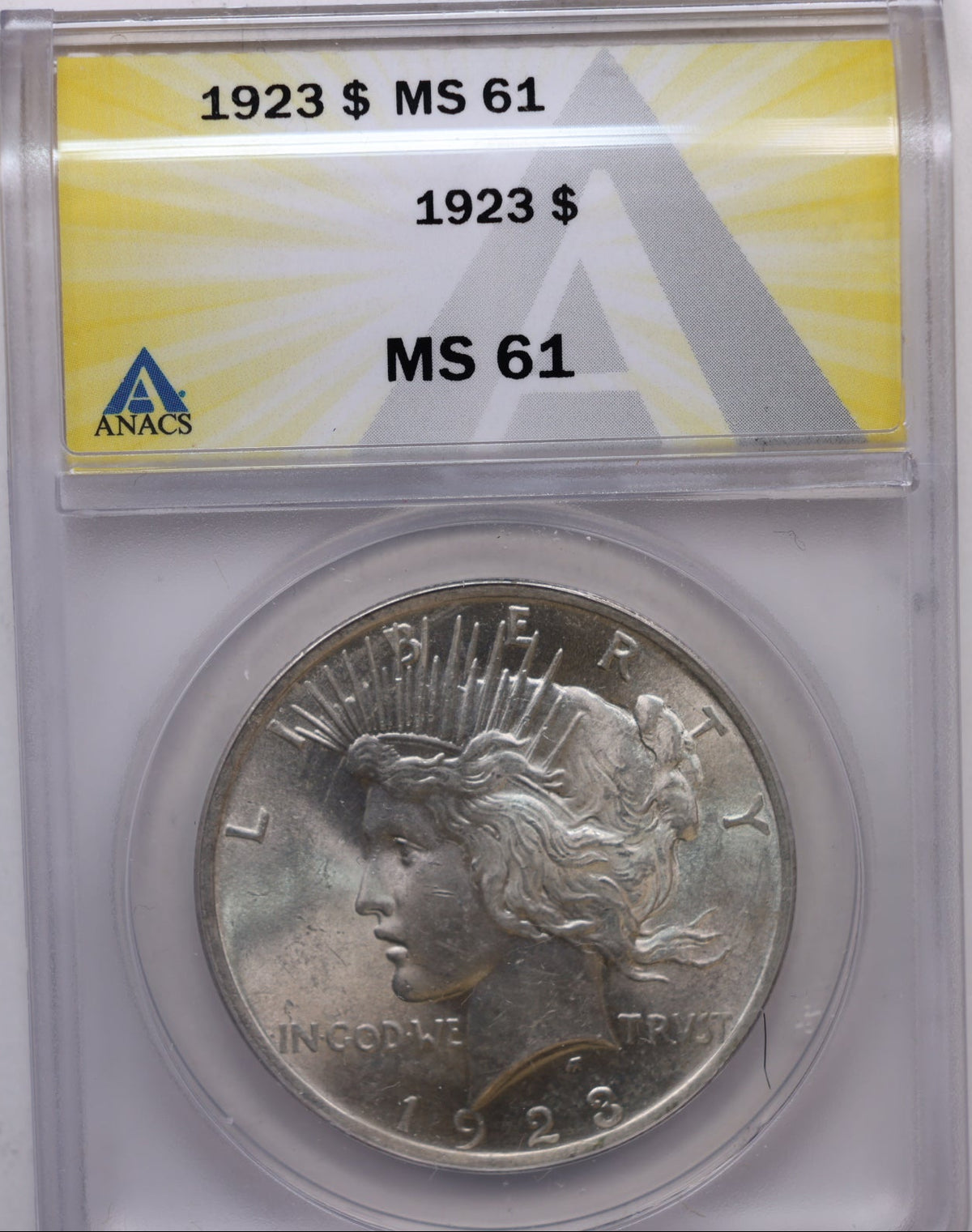 1923 Peace Silver Dollar, Uncirculated/Mint State, ANACS MS-61, Store DR074.
