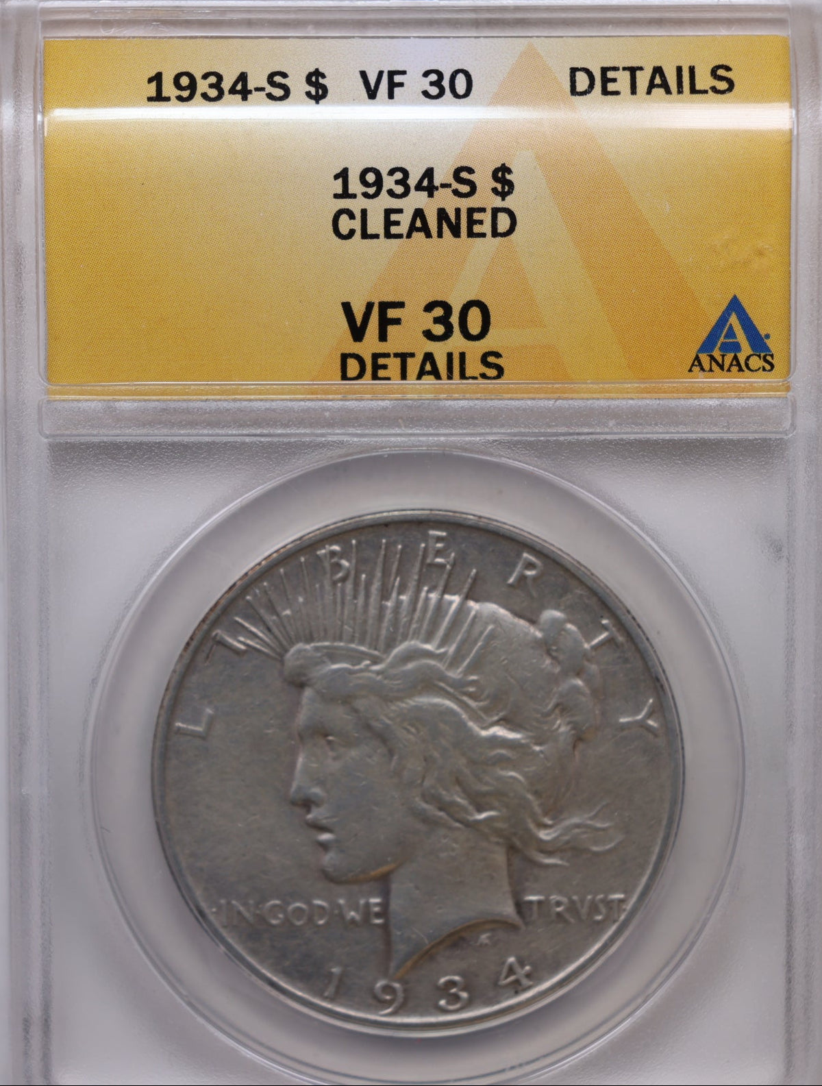 1934-S Peace Silver Dollar, ANACS VF-30-Cleaned, Circulated, Store DR075.