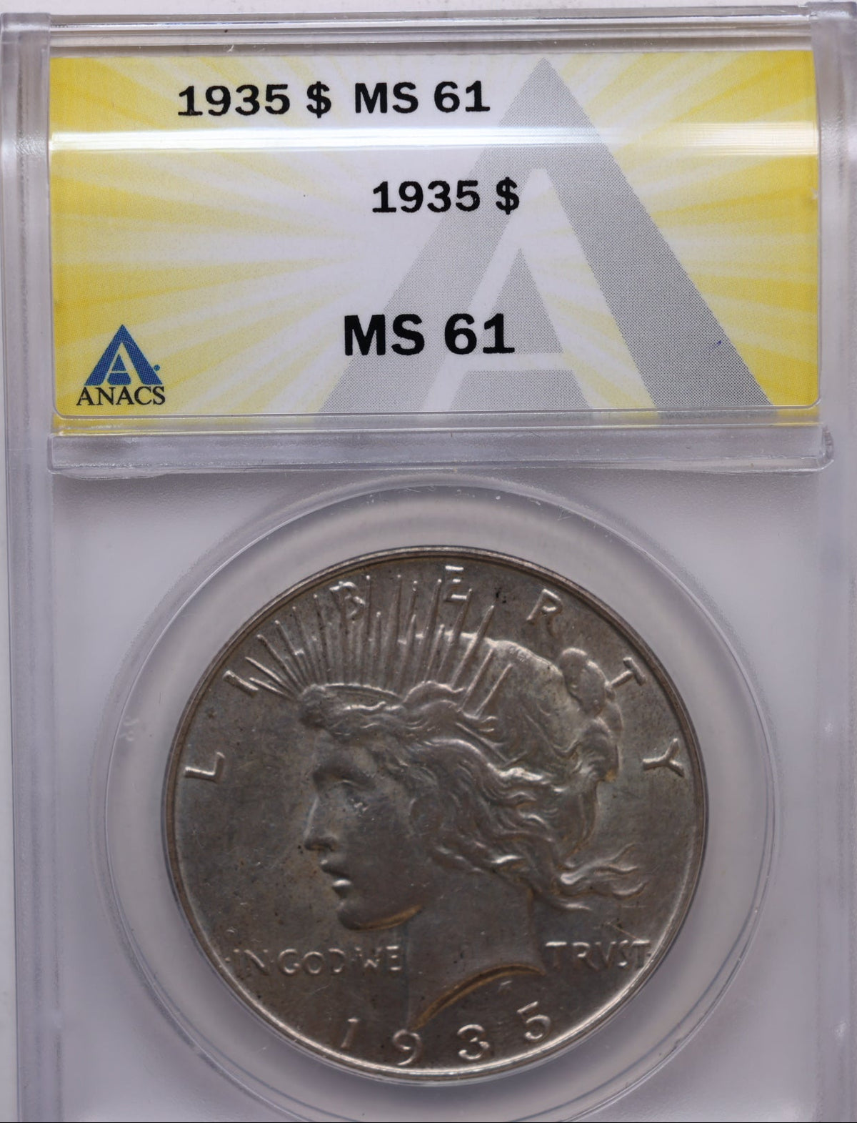 1935 Peace Silver Dollar, ANACS MS-61, Uncirculated Coin, Store DR076.