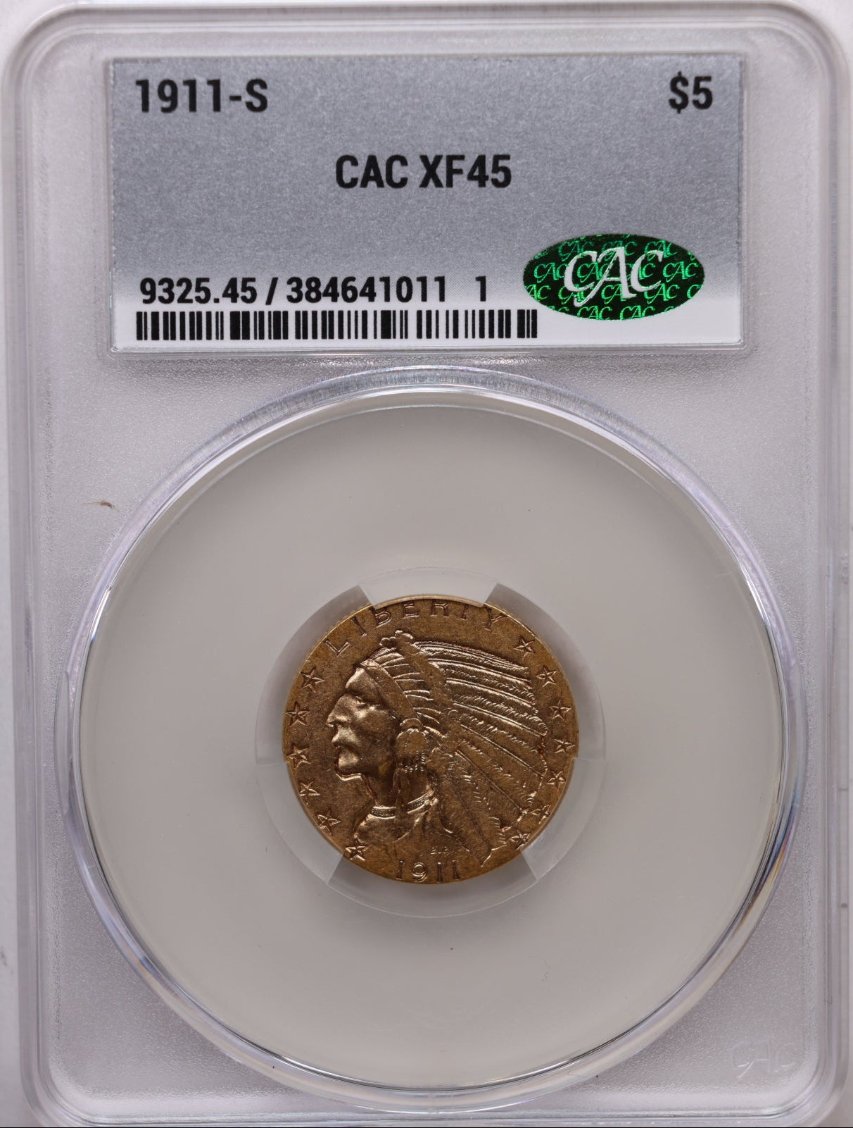 1911-S $5 Gold Indian Five Dollar, CAC Graded XF-45, Store Sale #G014.
