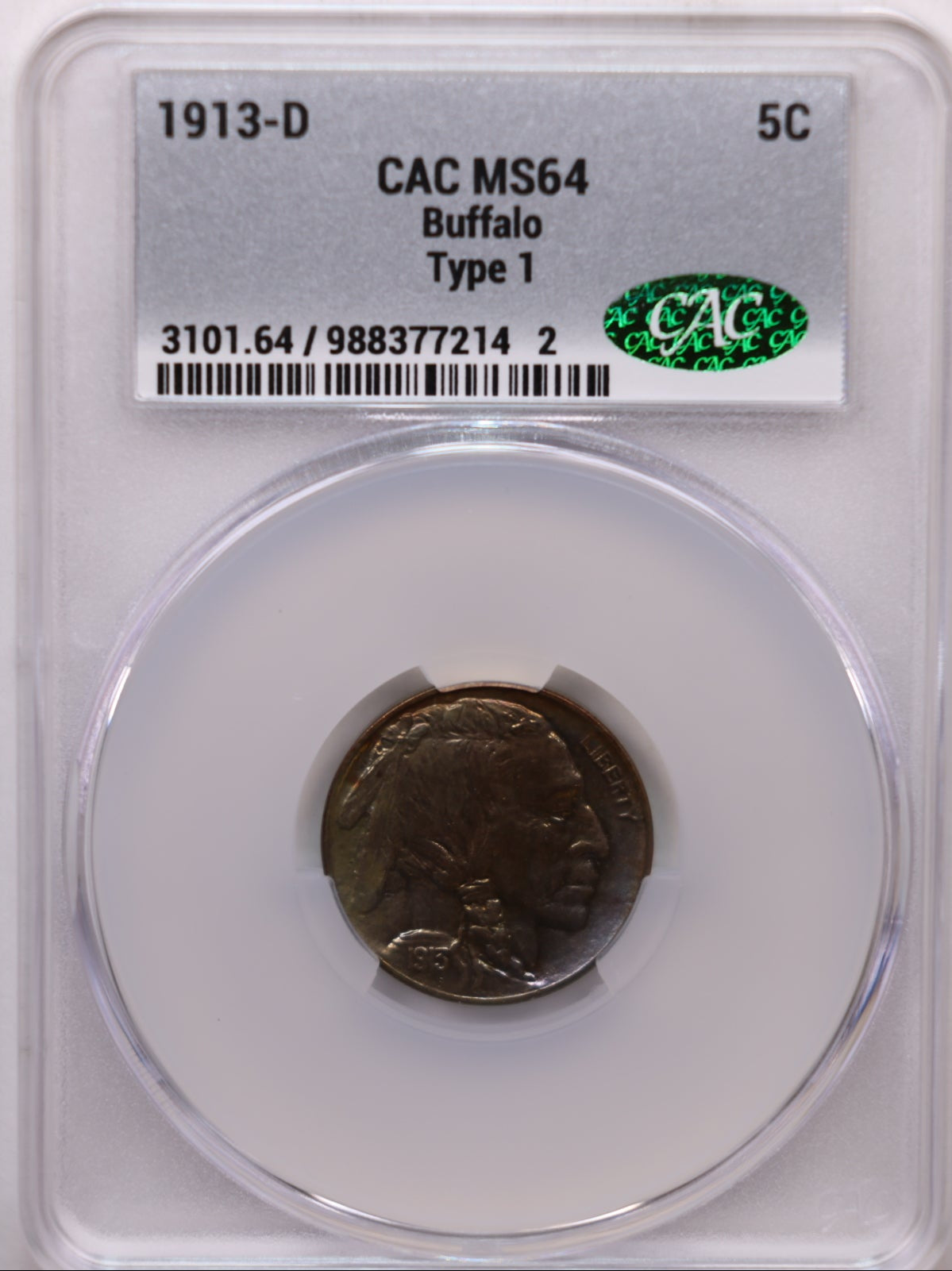 1913-D Buffalo Nickel, Type-1, CAC MS63, Uncirculated Coin, Store #NL