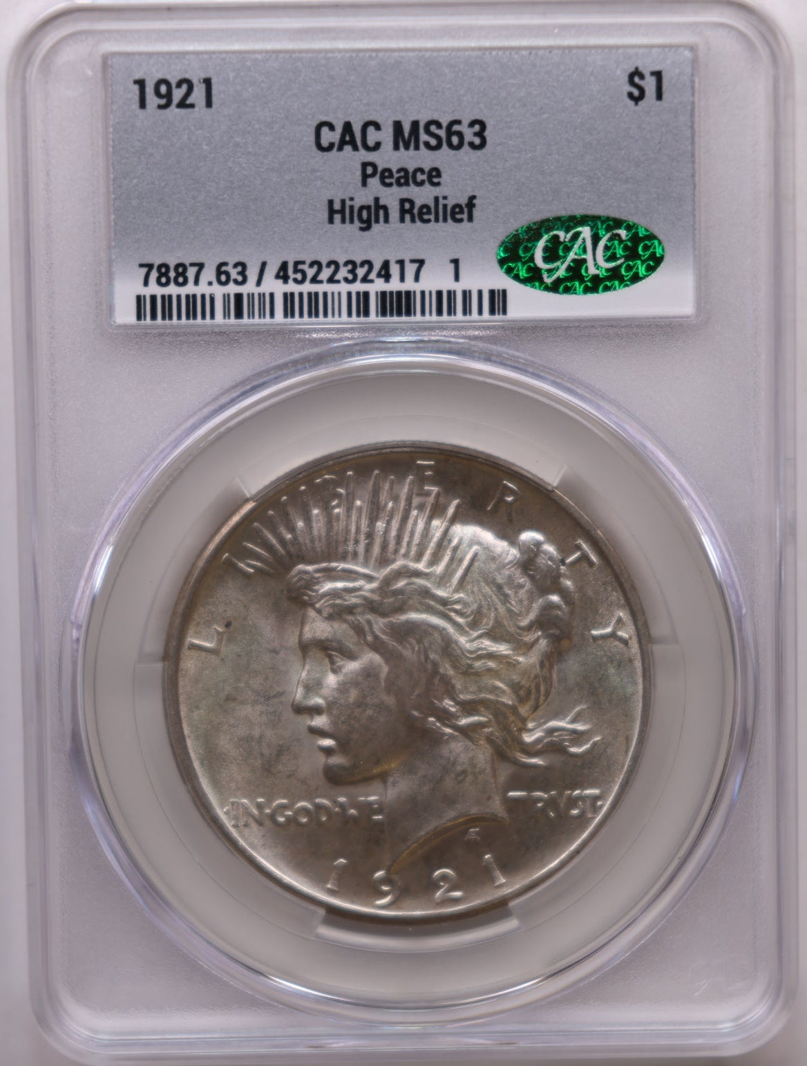 1921 Peace Silver Dollar, HIGH RELIEF, CAC Graded MS-63, Store #DR100.