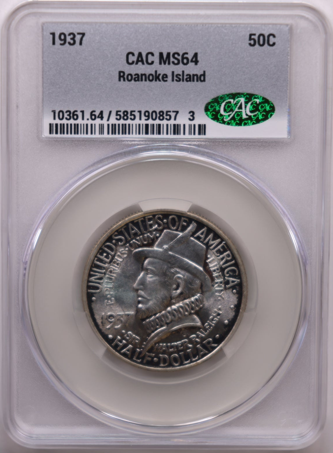 1937 Roanoke Island Silver Half Dollar Commemorative, CAC MS64, Store #071.