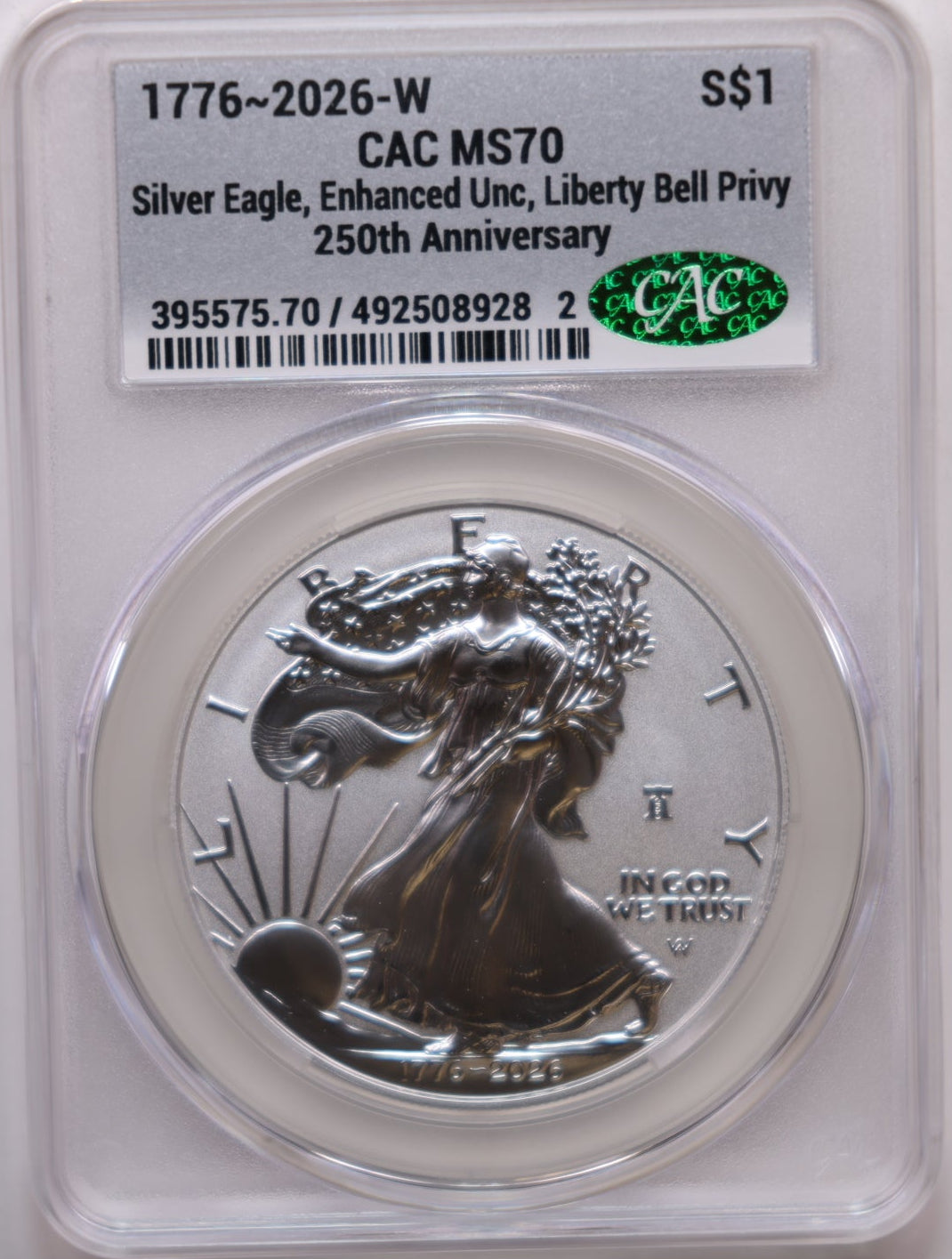 1776-2026 W American Silver Eagle, Enhanced, Liberty Bell, CAC MS70, Store AE002.