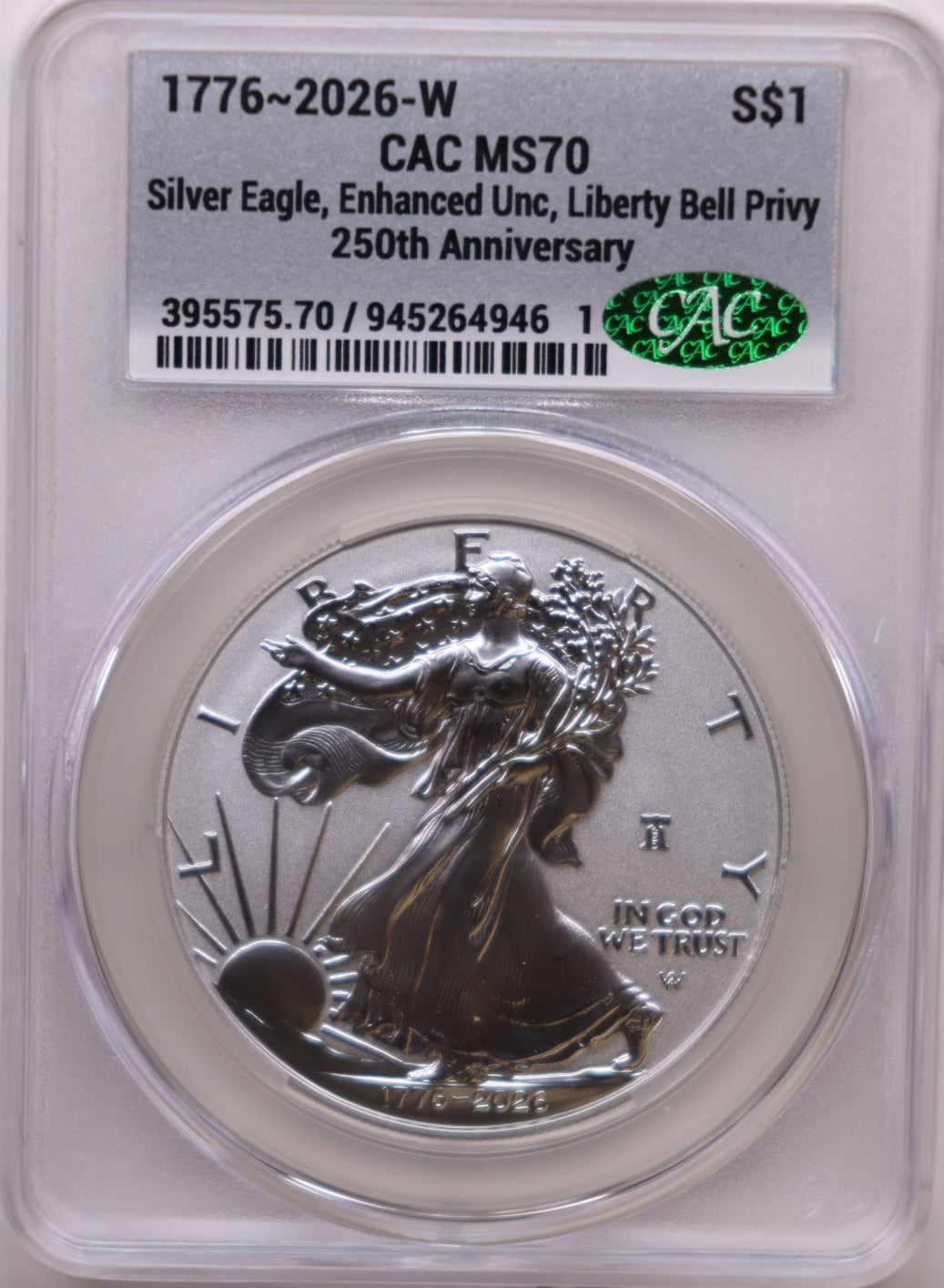 1776-2026 W American Silver Eagle, Enhanced, Liberty Bell, CAC MS70, Store AE003.