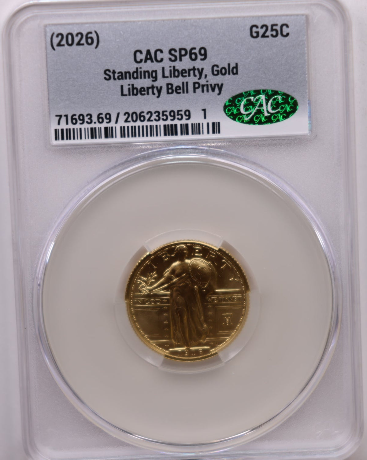 2026 Standing Liberty Quarter Gold Commemorative, CAC SP69, Store #GMC01.