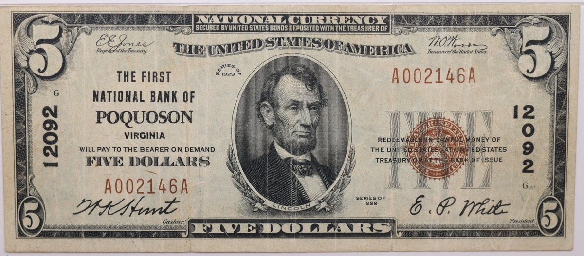 1929 $5, Poquoson VA, National Currency, CH#12092. PMG V.F.-25, Store#NBN013.