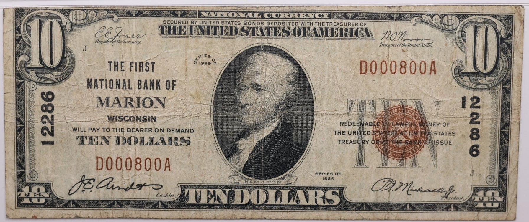 1929 $10, Marion, Wisconsin, National Currency, CH#12286. PMG Fine-15, Store#NBN045