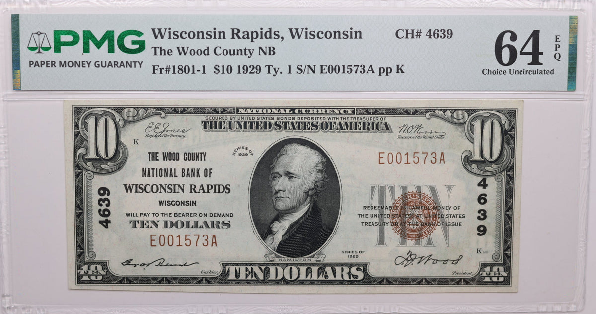 1929 $10, Wisconsin Rapids, Wisconsin, National Currency, CH#4639. PMG CUNC-64, Store#NBN049