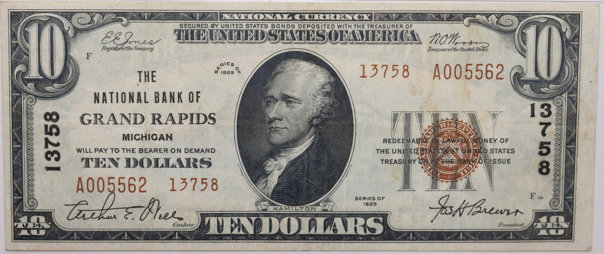1929 $10, Grand Rapids, Michigan, National Currency, CH#13758. PMG VF-30, Store#NBN051