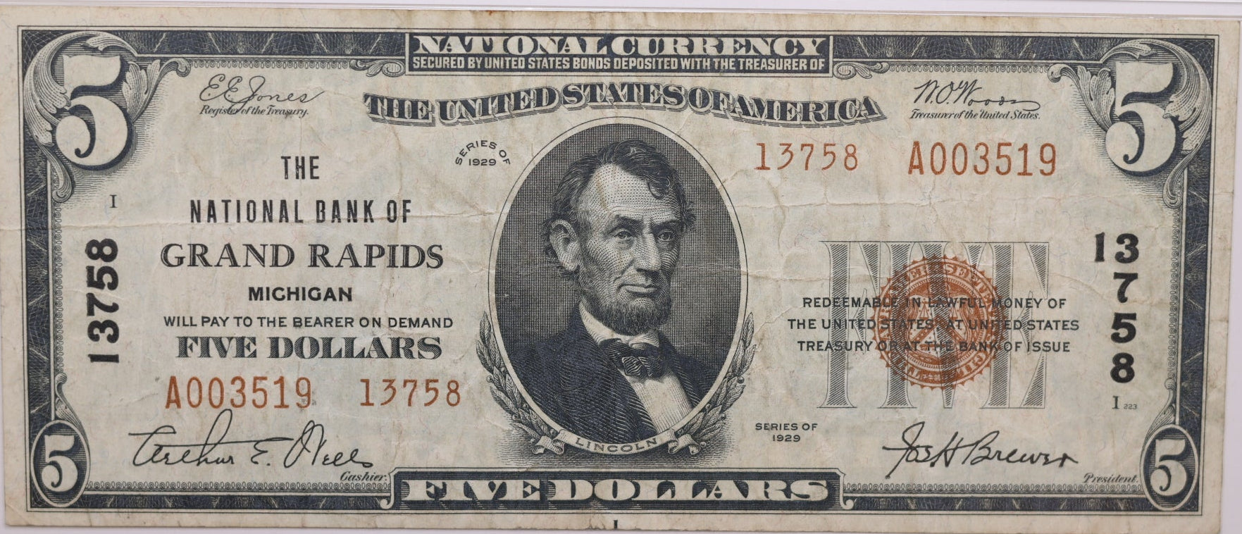 1929 $5, Grand Rapids, Michigan, National Currency, CH#13758. PMG VF-25, Store#NBN052