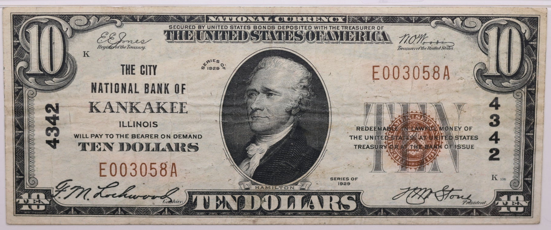 1929 $10, Kankakee, Illinois, National Currency, CH#4342. PMG VF-25, Store#NBN053