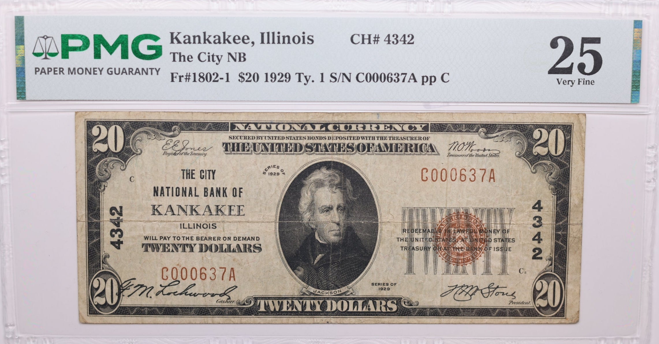 1929 $20, Kankakee, Illinois, National Currency, CH#4342. PMG VF-25, Store#NBN054