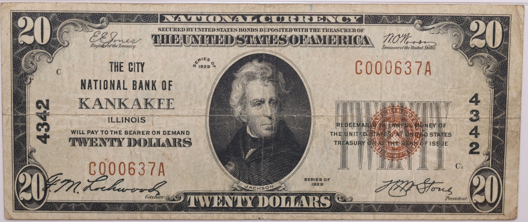 1929 $20, Kankakee, Illinois, National Currency, CH#4342. PMG VF-25, Store#NBN054
