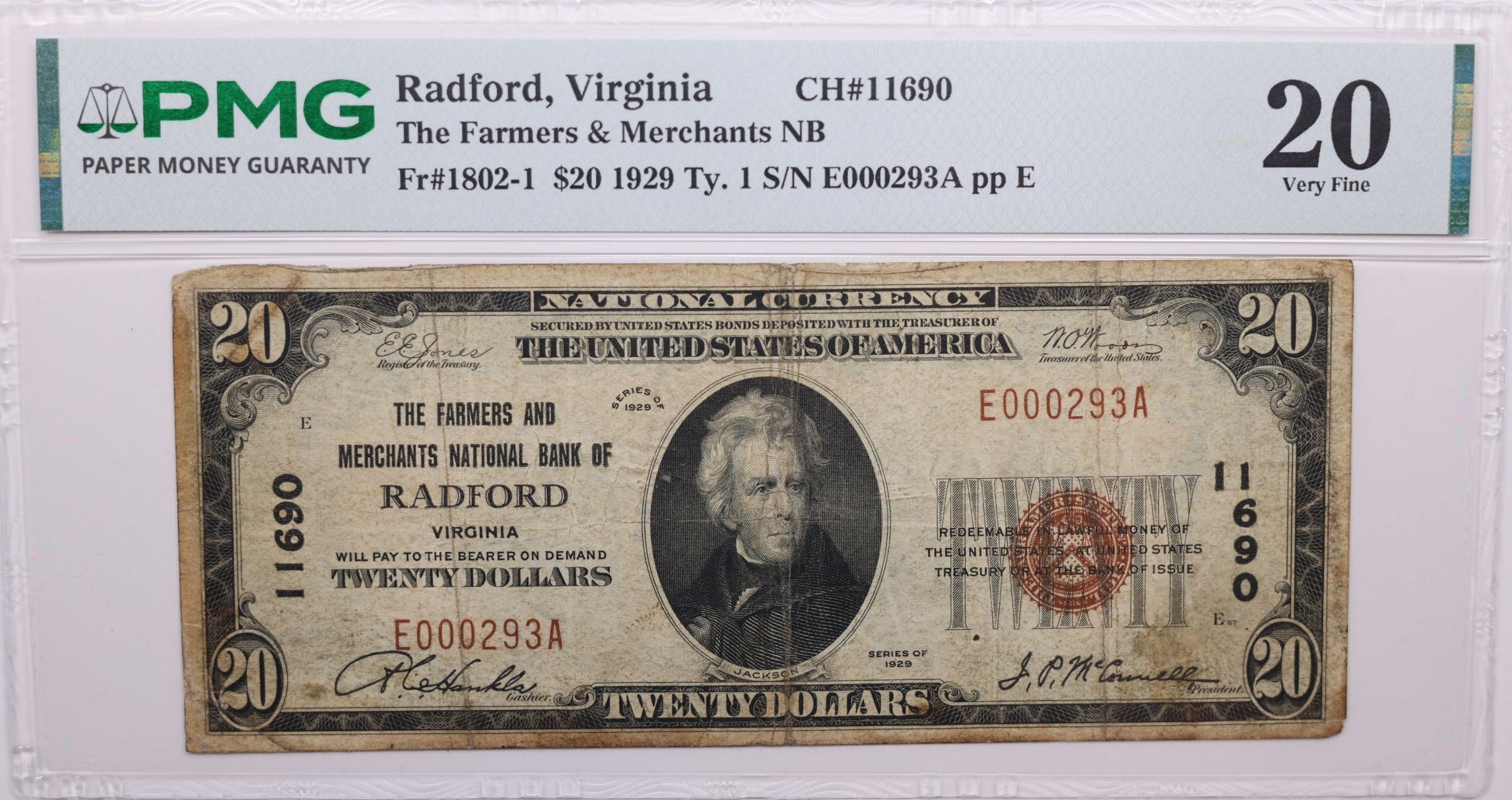 1929 $20, Radford, Virginia, National Currency, CH#11690. PMG VF-20, Store#NBN055