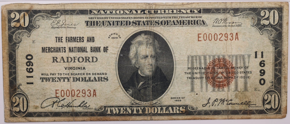 1929 $20, Radford, Virginia, National Currency, CH#11690. PMG VF-20, Store#NBN055