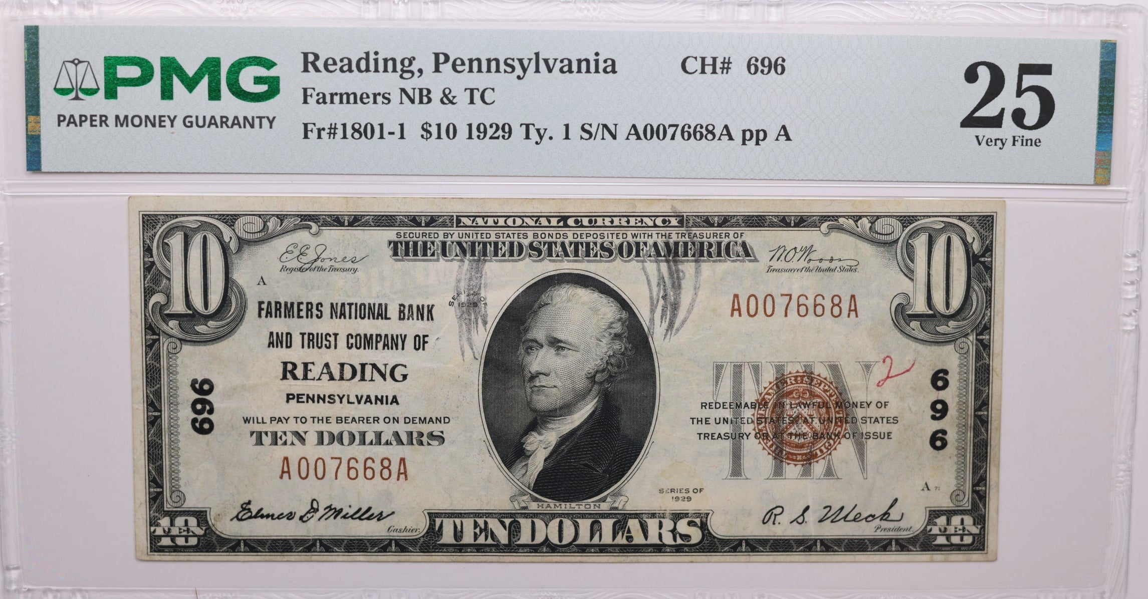 1929 $10, Reading, Pennsylvania, National Currency, CH# 696. PMG VF-25, Store#NBN056