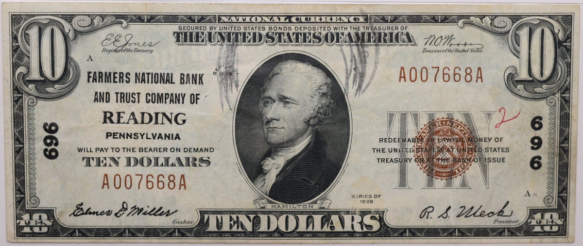 1929 $10, Reading, Pennsylvania, National Currency, CH# 696. PMG VF-25, Store#NBN056