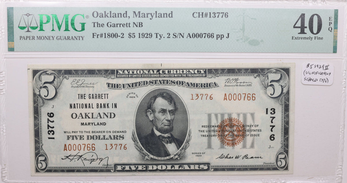 1929 $5, Oakland, Maryland, National Currency, CH# 13776. PMG XF-40, Store#NBN057