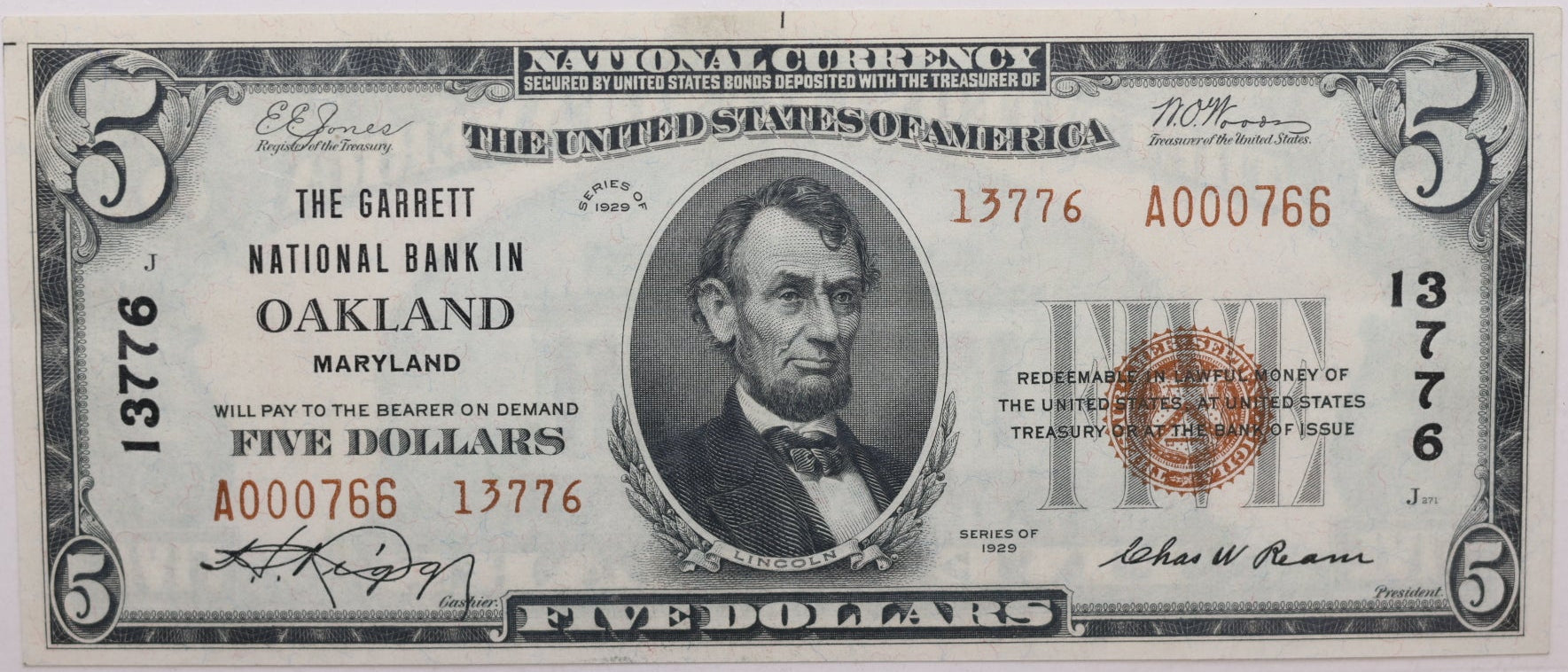 1929 $5, Oakland, Maryland, National Currency, CH# 13776. PMG XF-40, Store#NBN057