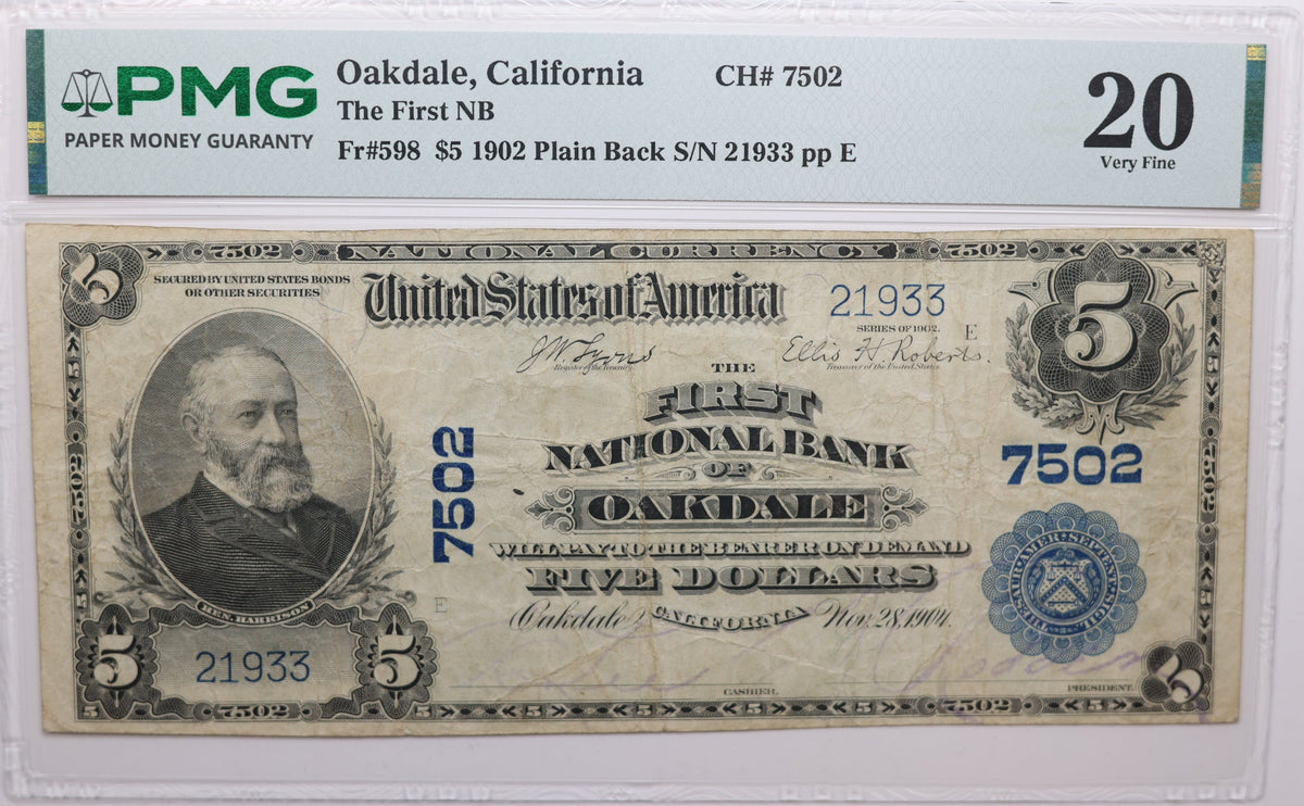 1902 $5, Oakdale, California, National Currency, CH# 7502. PMG VF-20, Store#NBN058
