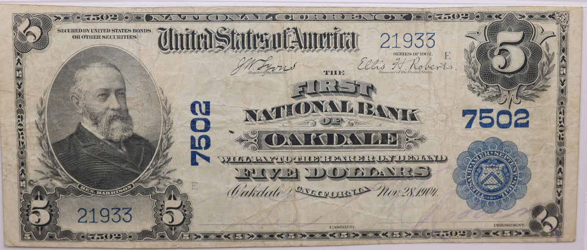 1902 $5, Oakdale, California, National Currency, CH# 7502. PMG VF-20, Store#NBN058
