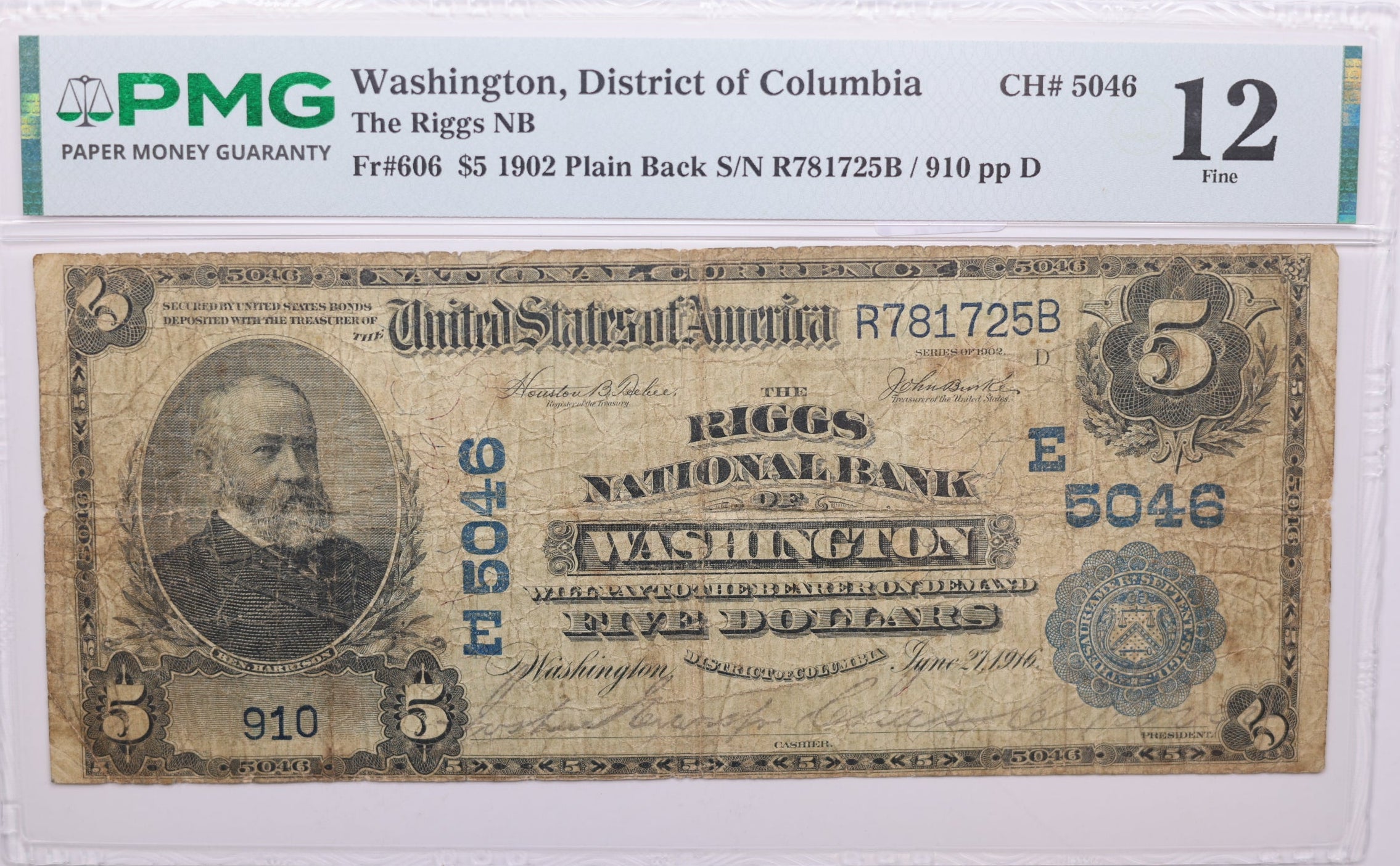 1902 $5, Washington, District of Columbia, National Currency, CH# 5046. PMG F-12, Store#NBN059