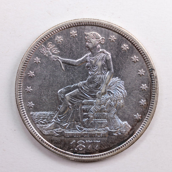 1877-S Trade Silver Dollar. About Uncirculated Detailed Coin., Store #DR0681