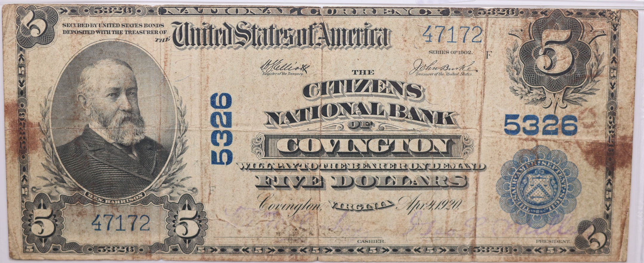 1902 $5, Covington, Virginia, National Currency, CH# 5326. PMG VF-20, Store#NBN060