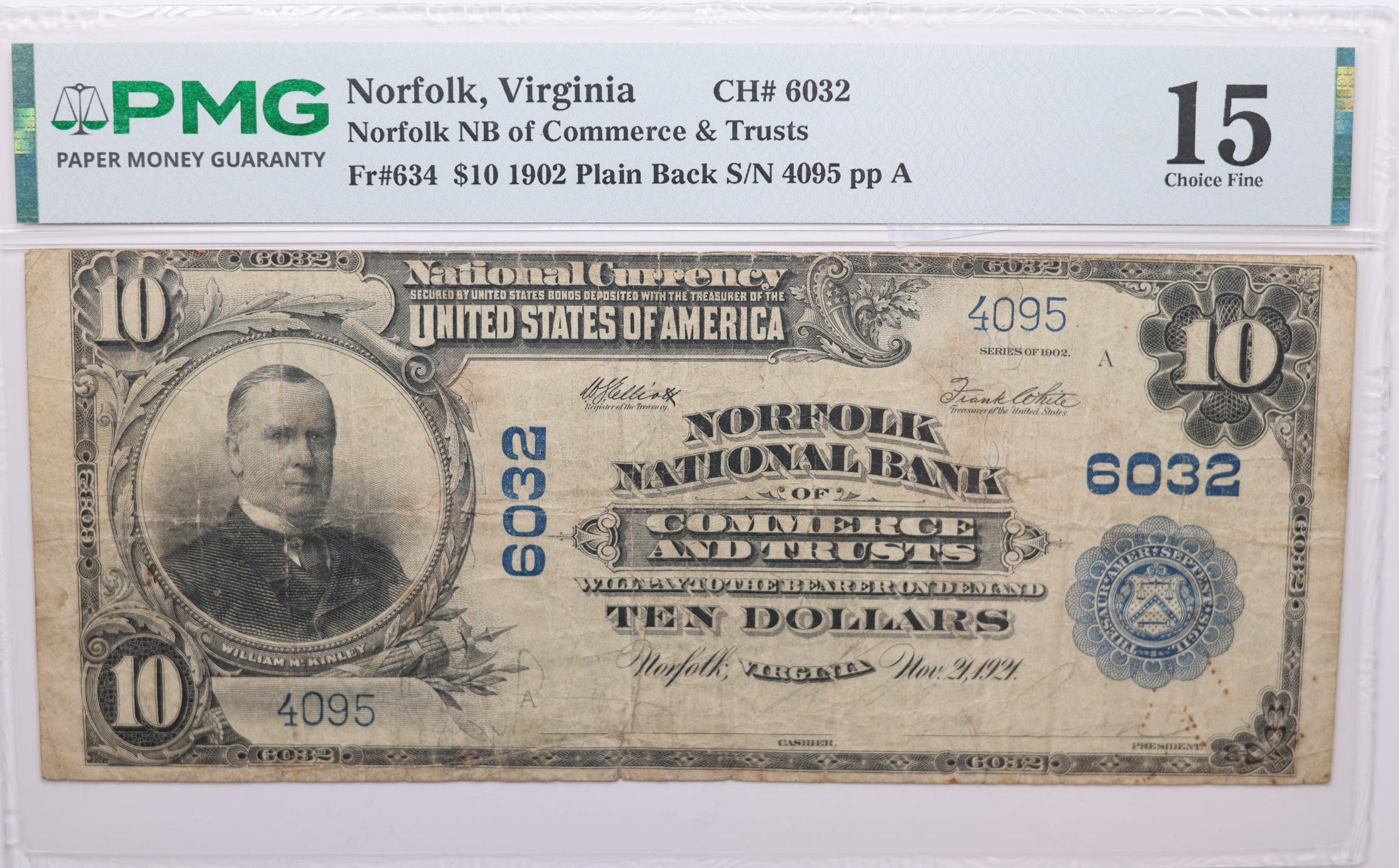 1902 $10, Norfolk, Virginia, National Currency, CH# 6032. PMG Choice F-15, Store#NBN061