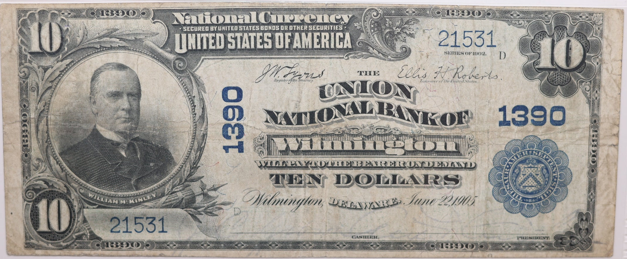 1902 $10, Wilmington, Delaware, National Currency, CH# 1390. PMG VF-20, Store#NBN062