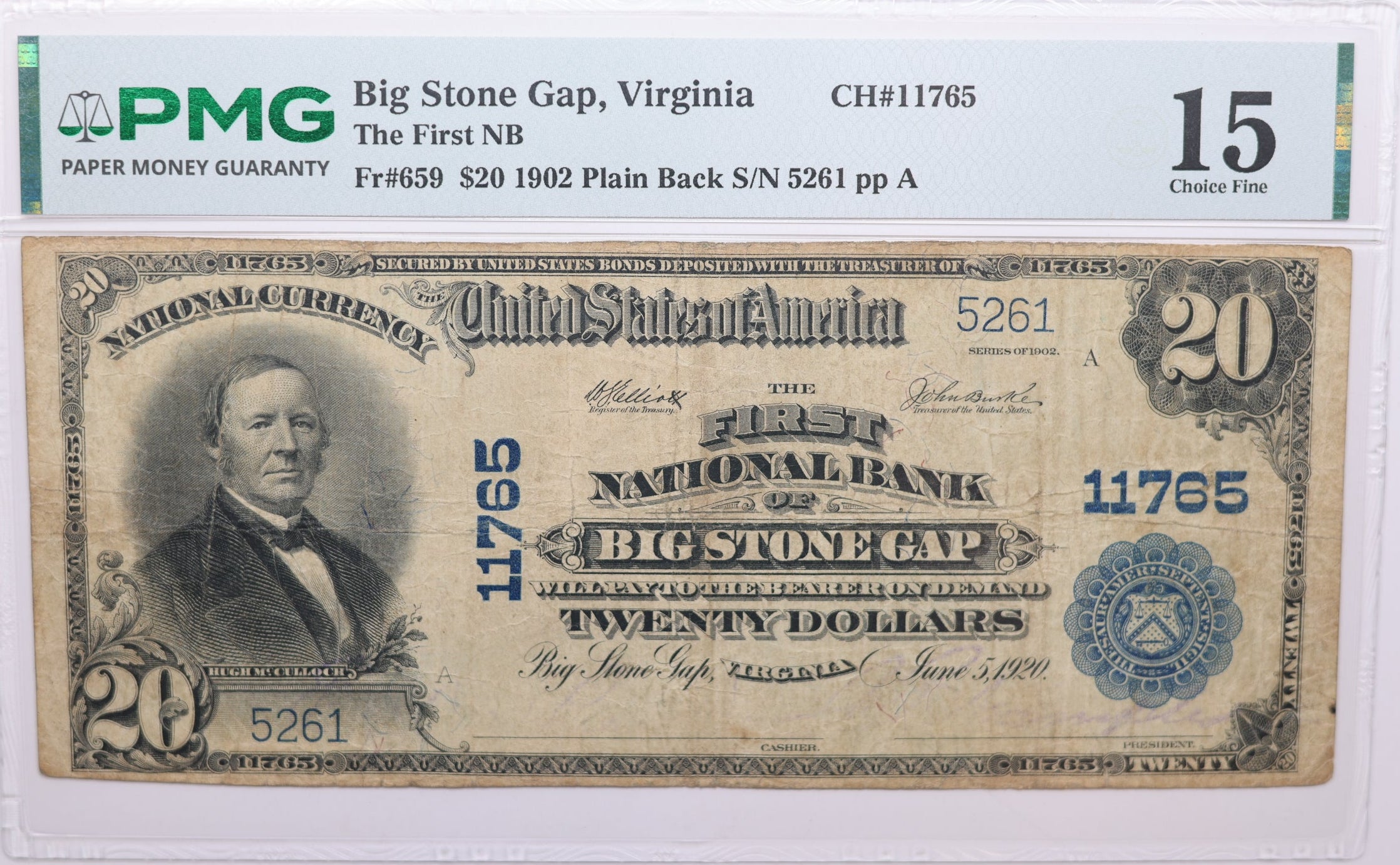1902 $20, Big Stone Gap, Virginia, National Currency, CH# 11765. PMG Choice F-15, Store#NBN063