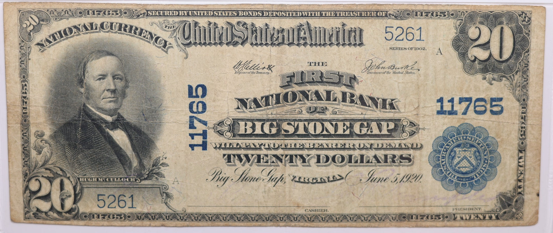 1902 $20, Big Stone Gap, Virginia, National Currency, CH# 11765. PMG Choice F-15, Store#NBN063