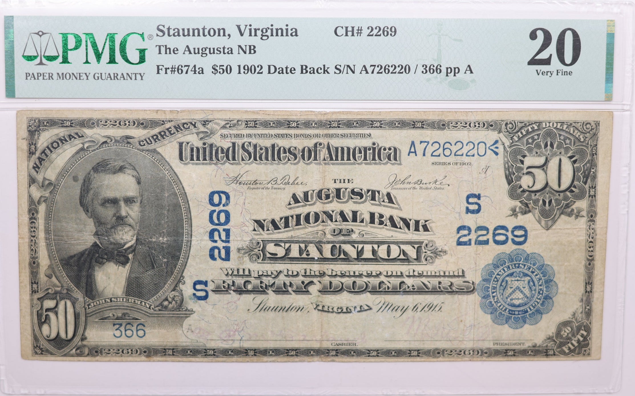 1902 $50, Staunton, Virginia, National Currency, CH# 2269. PMG VF-20, Store#NBN064