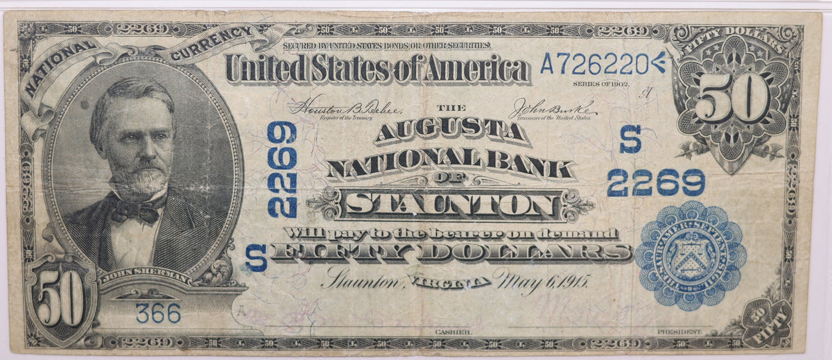 1902 $50, Staunton, Virginia, National Currency, CH# 2269. PMG VF-20, Store#NBN064