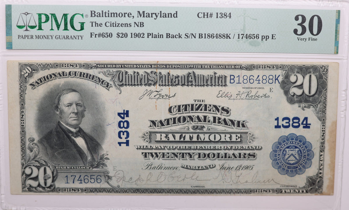 1902 $20, Baltimore, Maryland, National Currency, CH# 1384. PMG VF-30, Store#NBN065