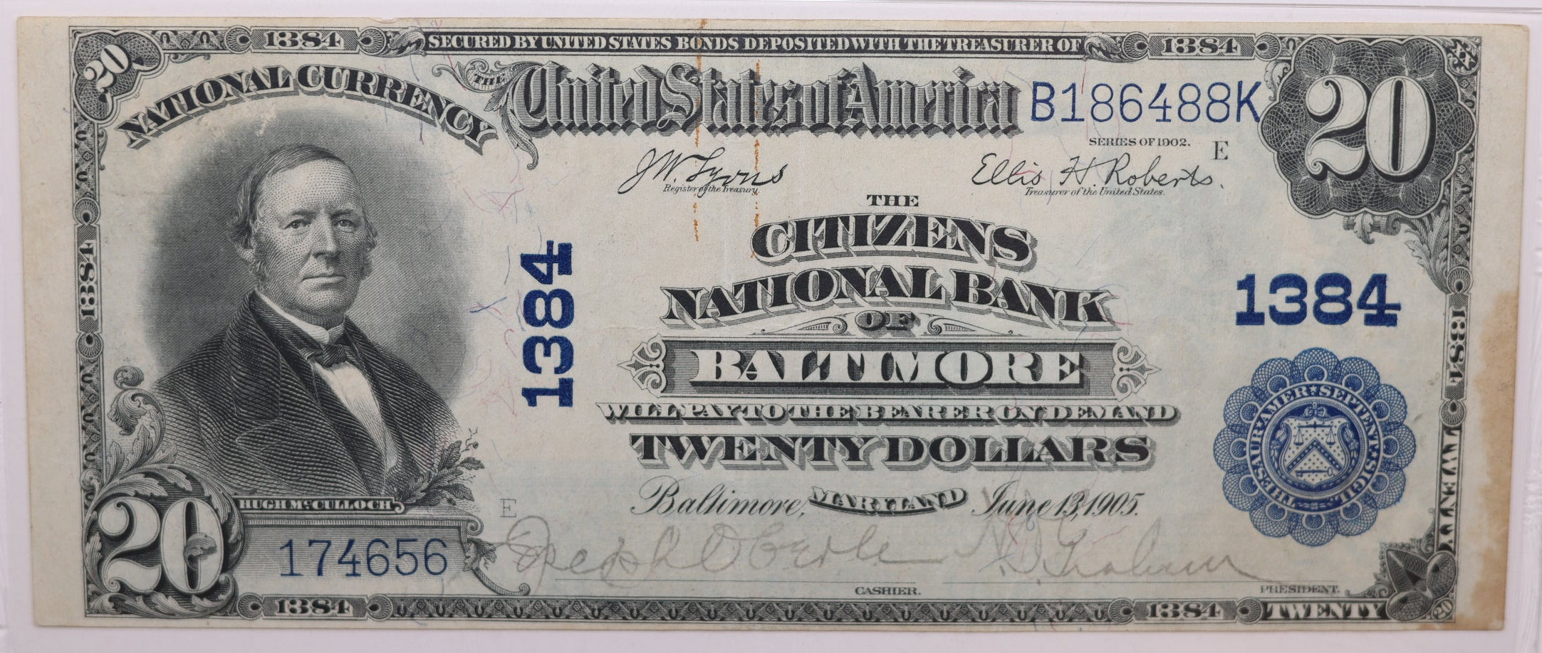 1902 $20, Baltimore, Maryland, National Currency, CH# 1384. PMG VF-30, Store#NBN065