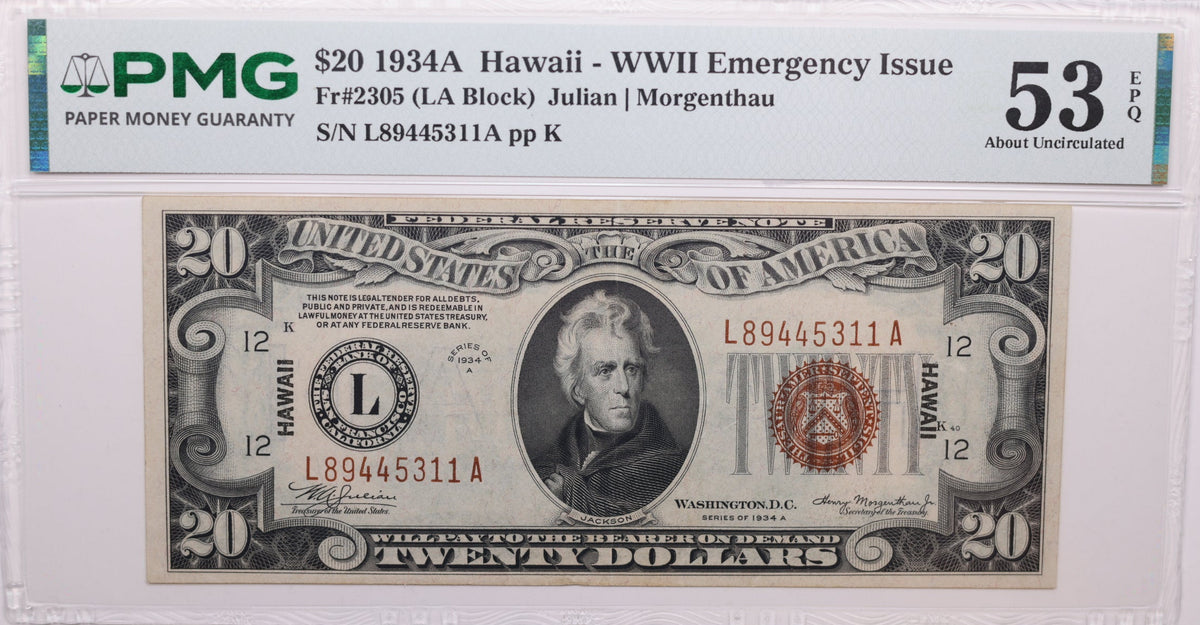 1934 A, $20 Silver Certificate, 'Hawaii', PMG About Uncirculated-53, Store #GSSC006