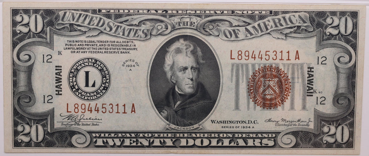 1934 A, $20 Silver Certificate, 'Hawaii', PMG About Uncirculated-53, Store #GSSC006