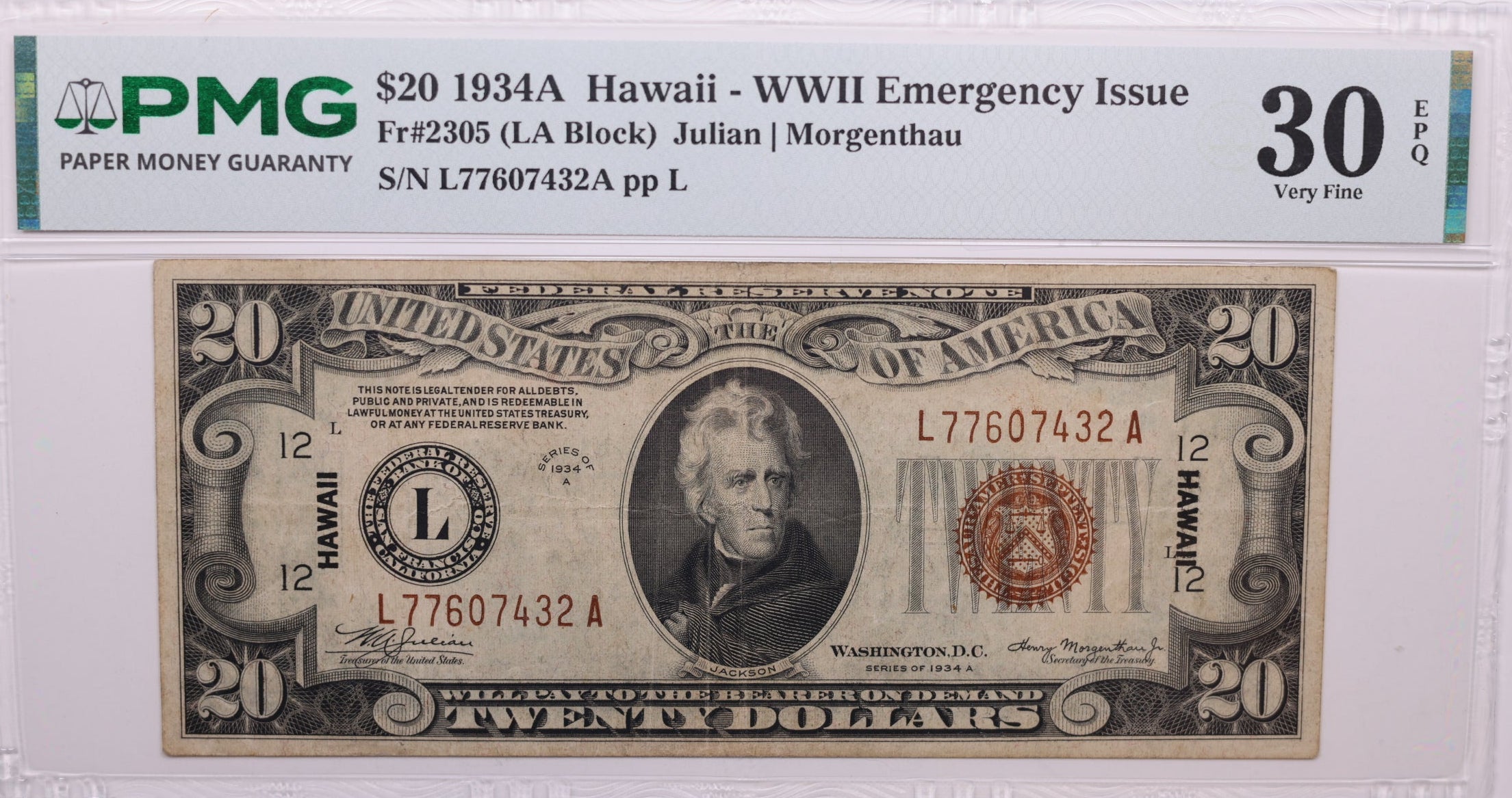 1934 A, $20 Silver Certificate, 'Hawaii', PMG VF-30, Store #GSSC007