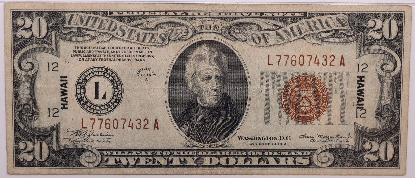 1934 A, $20 Silver Certificate, 'Hawaii', PMG VF-30, Store #GSSC007