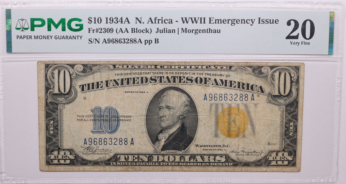 1934A, $10 Silver Certificate, N. Africa WWII Emergency Issue, PMG VF-20, Store #GSSC013