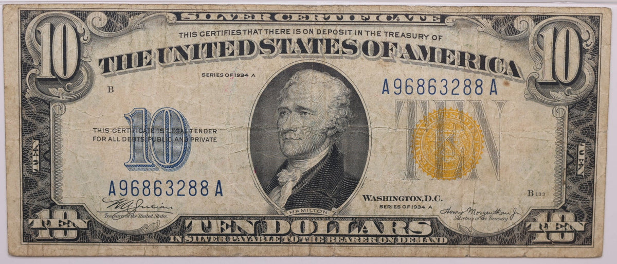 1934A, $10 Silver Certificate, N. Africa WWII Emergency Issue, PMG VF-20, Store #GSSC013
