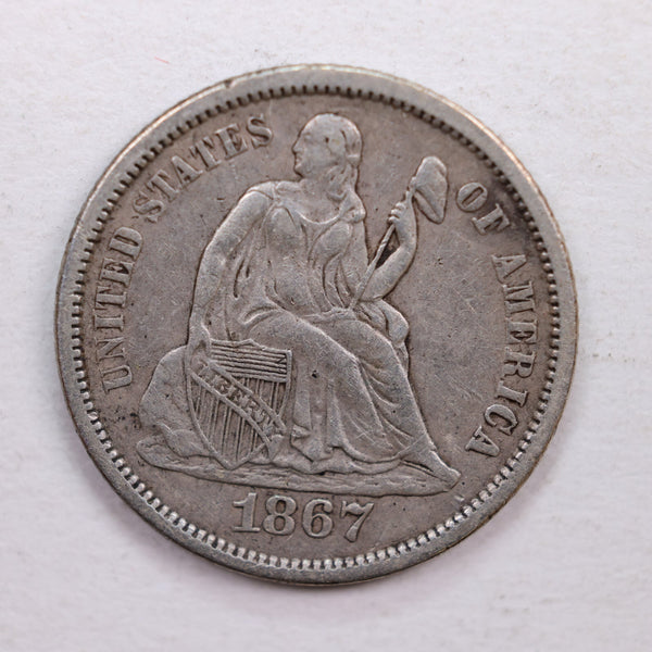 1867-S Seated Liberty Dime., About Uncirculated Coin., Store Sale #DE0353.